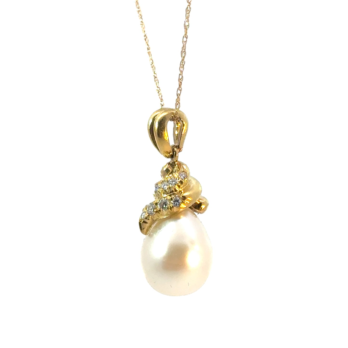 18K Yellow Gold Diamond and AAA Pearl Drop Pendant