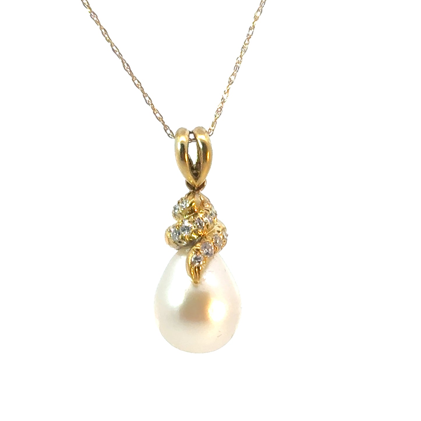 18K Yellow Gold Diamond and AAA Pearl Drop Pendant