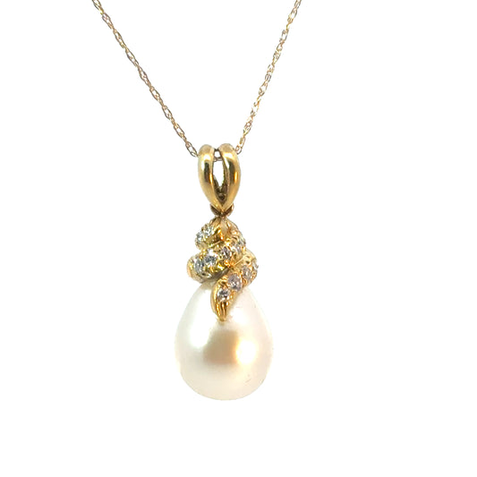 18K Yellow Gold Diamond and AAA Pearl Drop Pendant