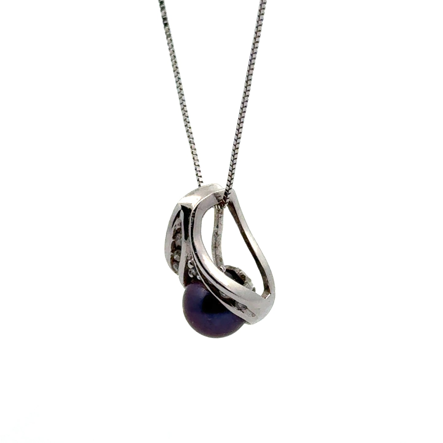 14K White Gold Teardrop Pendant with Black Pearl & Diamonds