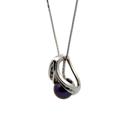 14K White Gold Teardrop Pendant with Black Pearl & Diamonds