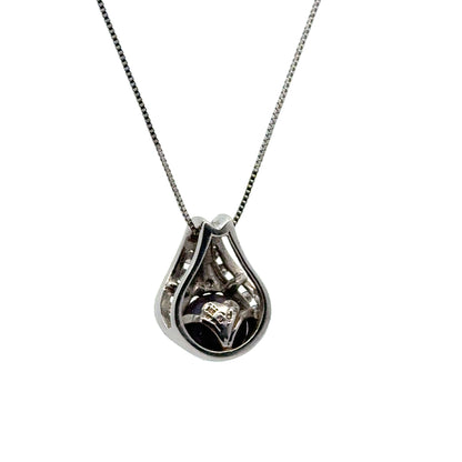 14K White Gold Teardrop Pendant with Black Pearl & Diamonds