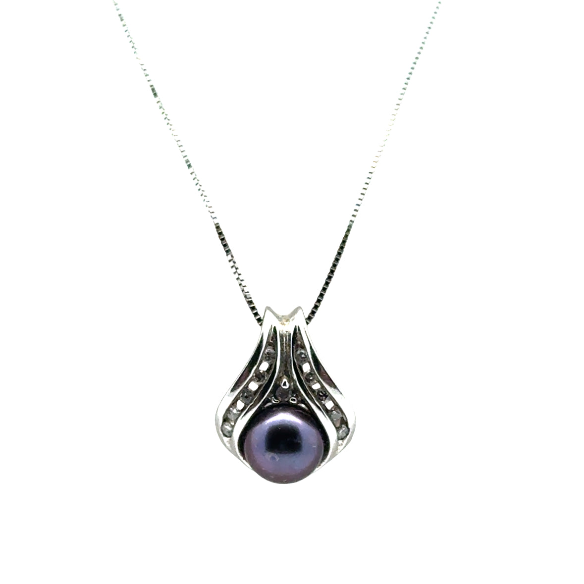 14K White Gold Teardrop Pendant with Black Pearl & Diamonds