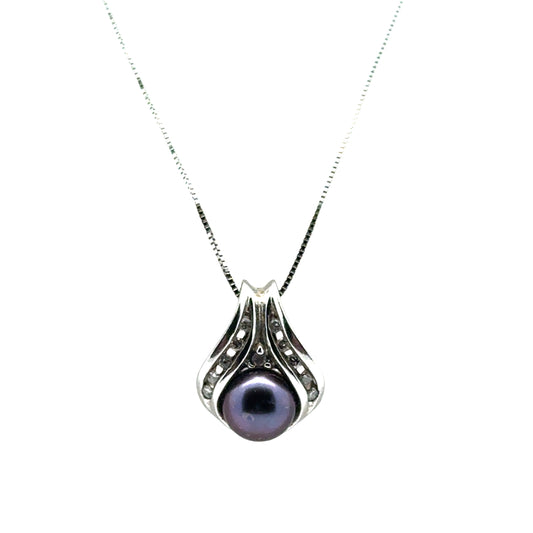 14K White Gold Teardrop Pendant with Black Pearl & Diamonds
