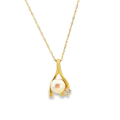 14K Yellow Gold Wishbone Pearl & Diamond Pendant Necklace