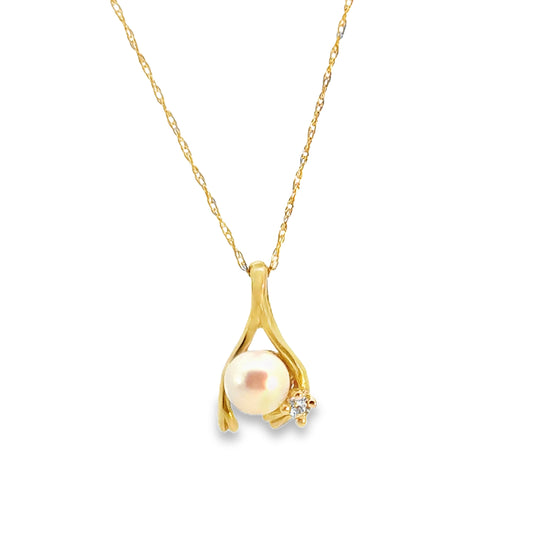 14K Yellow Gold Wishbone Pearl & Diamond Pendant Necklace