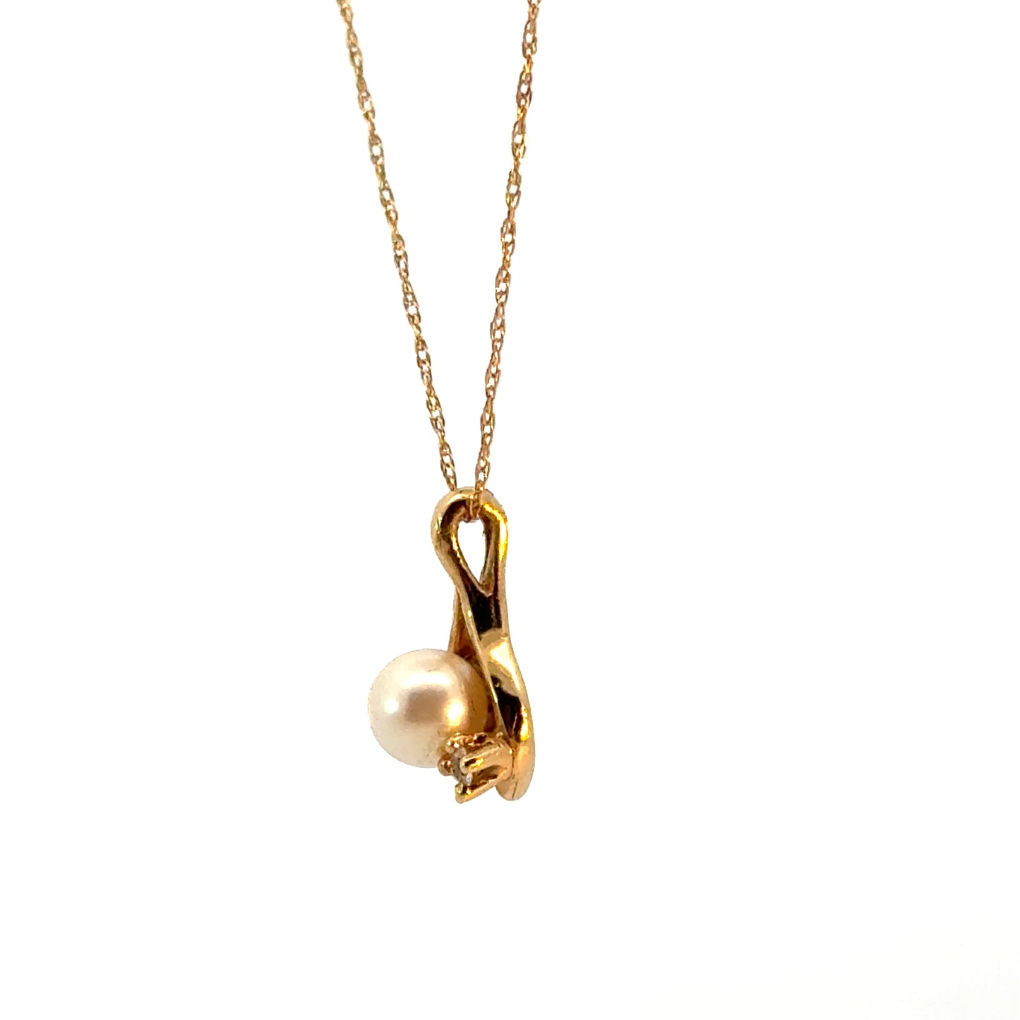 14K Yellow Gold Wishbone Pearl & Diamond Pendant Necklace
