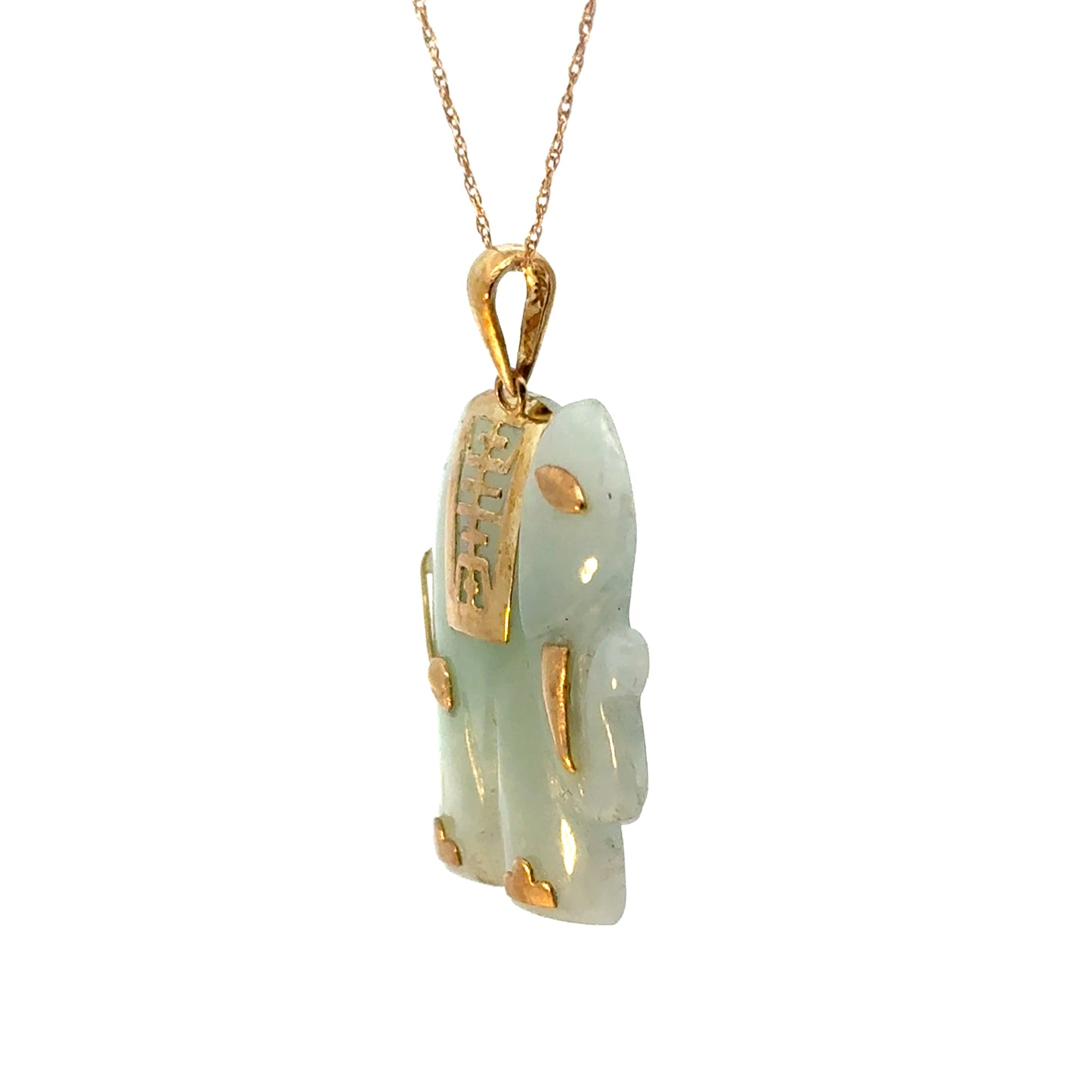 14K Gold Lucky Elephant Pendant with Carved Green Jade