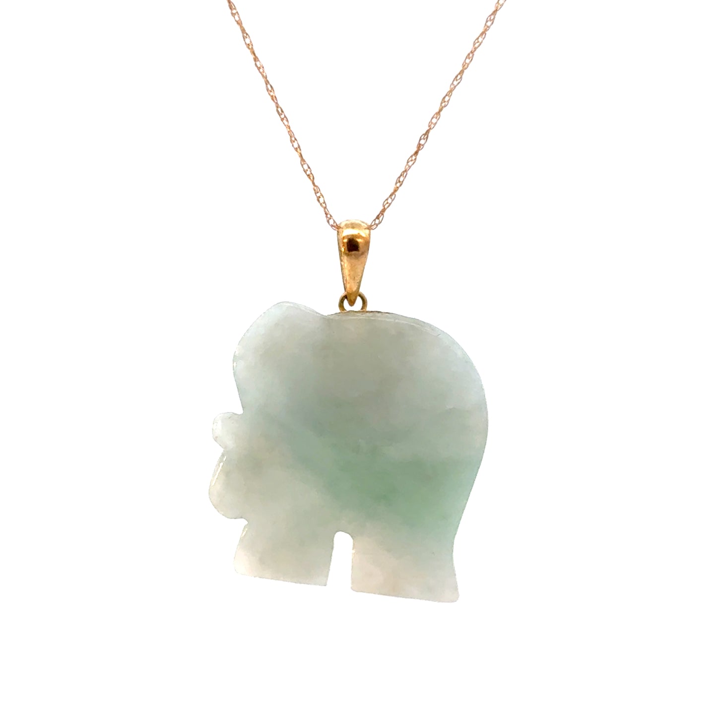 14K Gold Lucky Elephant Pendant with Carved Green Jade