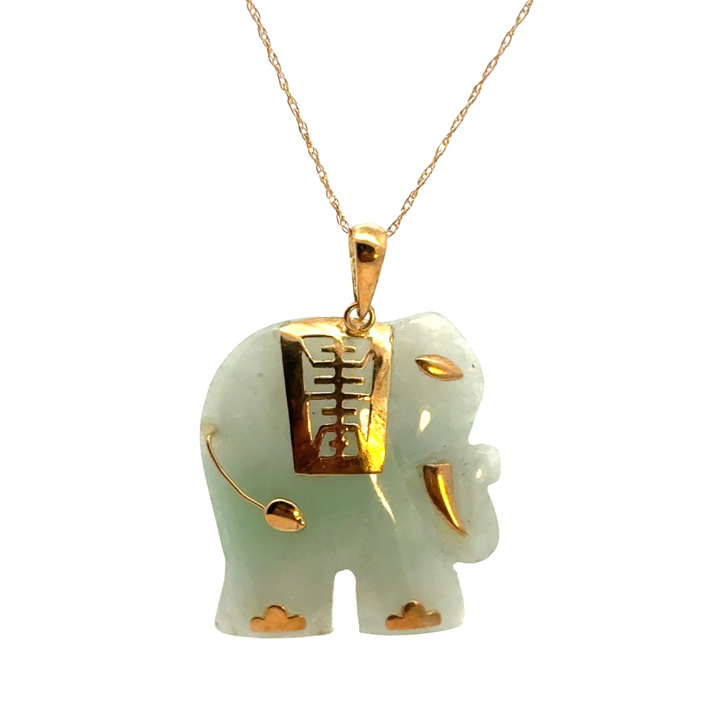 14K Gold Lucky Elephant Pendant with Carved Green Jade