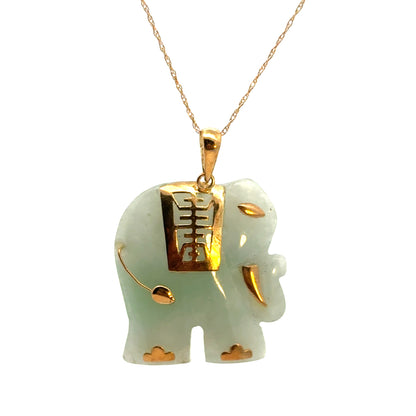 14K Gold Lucky Elephant Pendant with Carved Green Jade