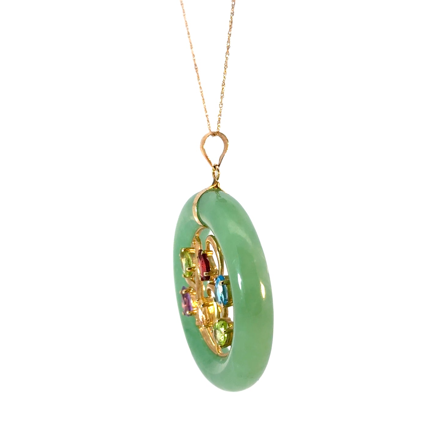 14K Yellow Gold Green Jade Tree of Life Pendant with Multi-Colored Gemstones