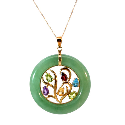 14K Yellow Gold Green Jade Tree of Life Pendant with Multi-Colored Gemstones