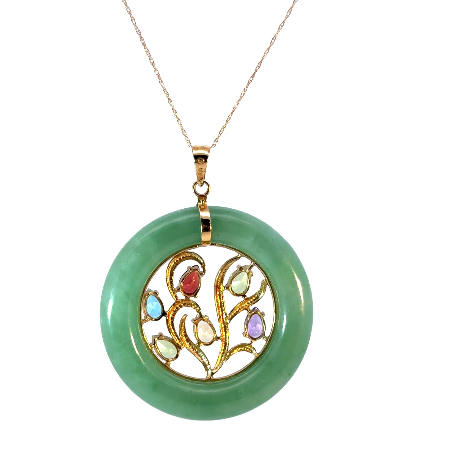14K Yellow Gold Green Jade Tree of Life Pendant with Multi-Colored Gemstones