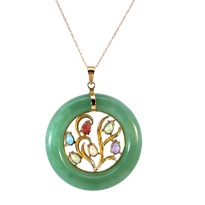 14K Yellow Gold Green Jade Tree of Life Pendant with Multi-Colored Gemstones