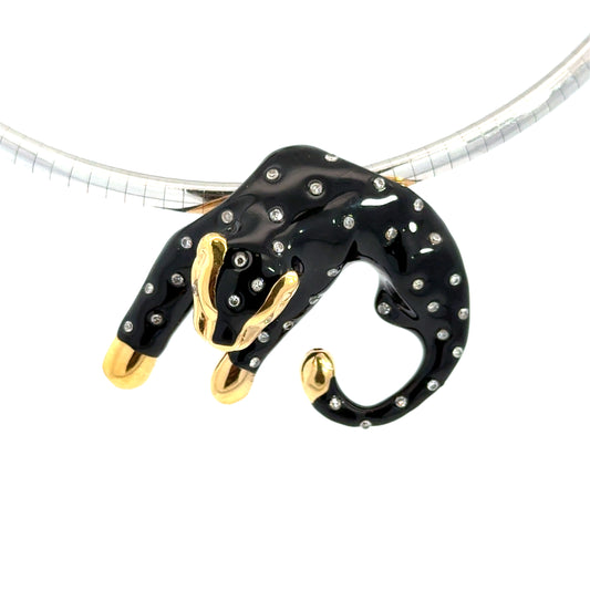 14K Yellow Gold Black Enamel Panther Pendant with Diamonds
