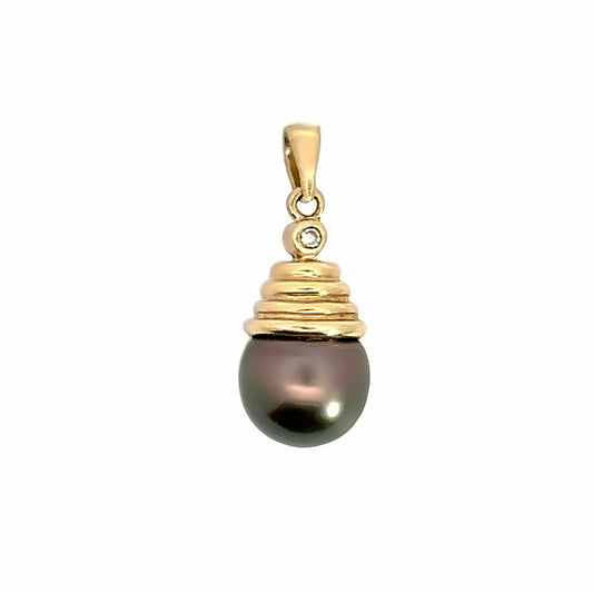 14K Yellow Gold Blue Tahitian Pearl & Diamond Pendant