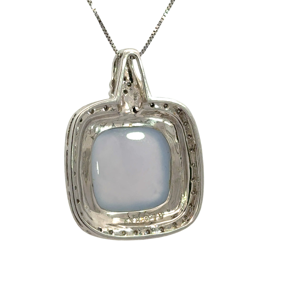 14K White Gold Cushion Blue Chalcedony Diamond Pendant