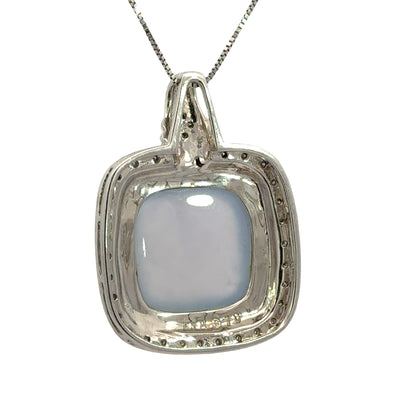 14K White Gold Cushion Blue Chalcedony Diamond Pendant