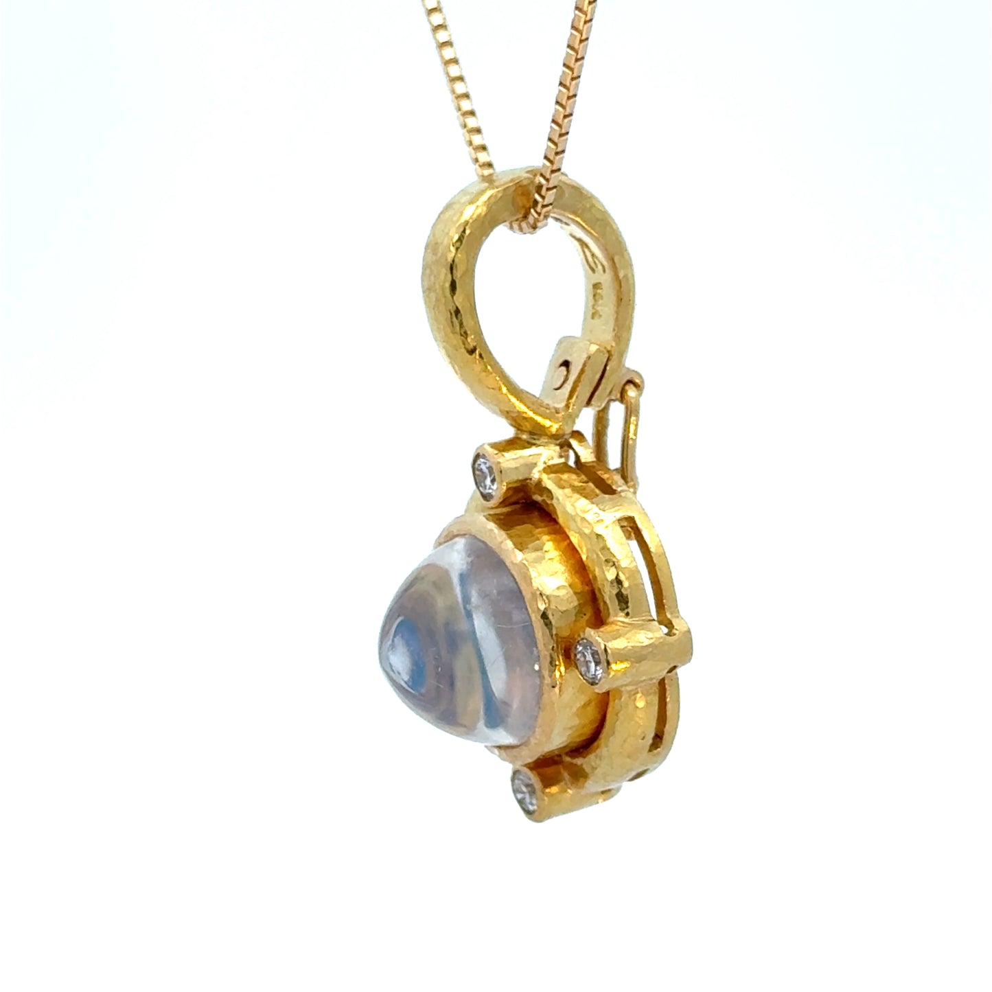 Moonstone & Diamond Pendant 18K Yellow Gold Textured Design with Hinged Bail