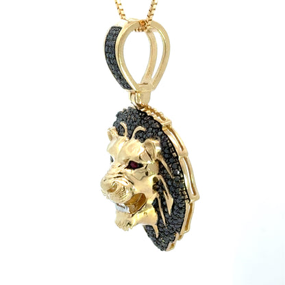 Lion Head Pendant with Black Diamonds & Ruby Eyes – Yellow Gold
