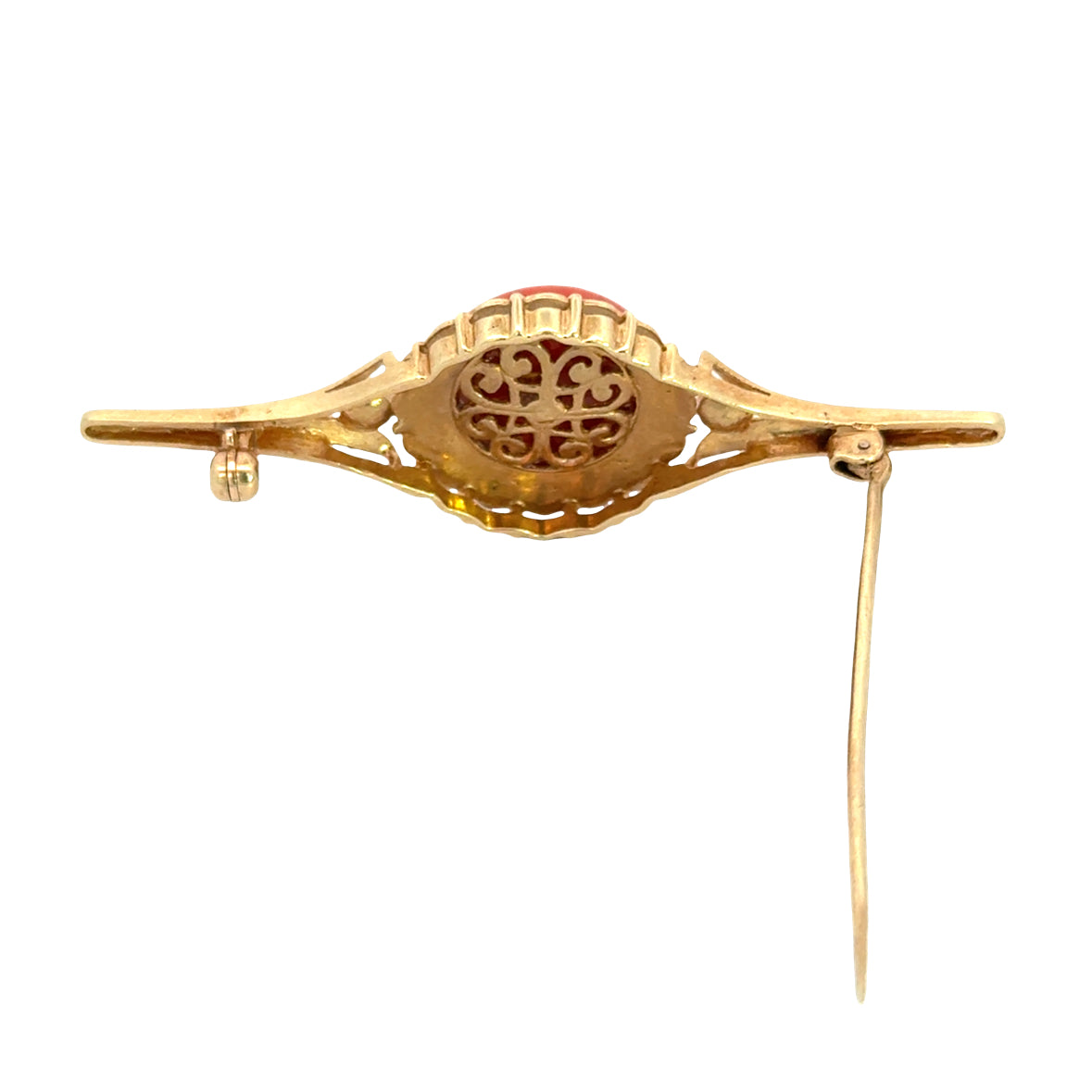 Vintage 14K Yellow Gold Coral Cabochon Pearl Brooch