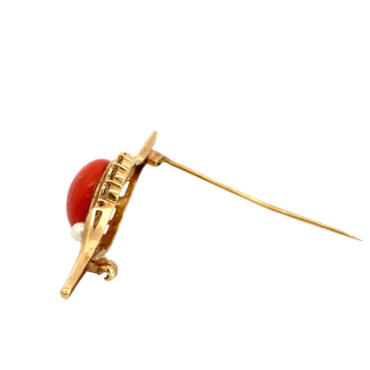Vintage 14K Yellow Gold Coral Cabochon Pearl Brooch