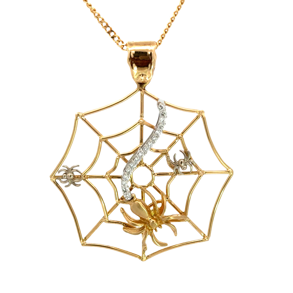14K Yellow Gold Openwork Spider Web Pendant with Diamond Web