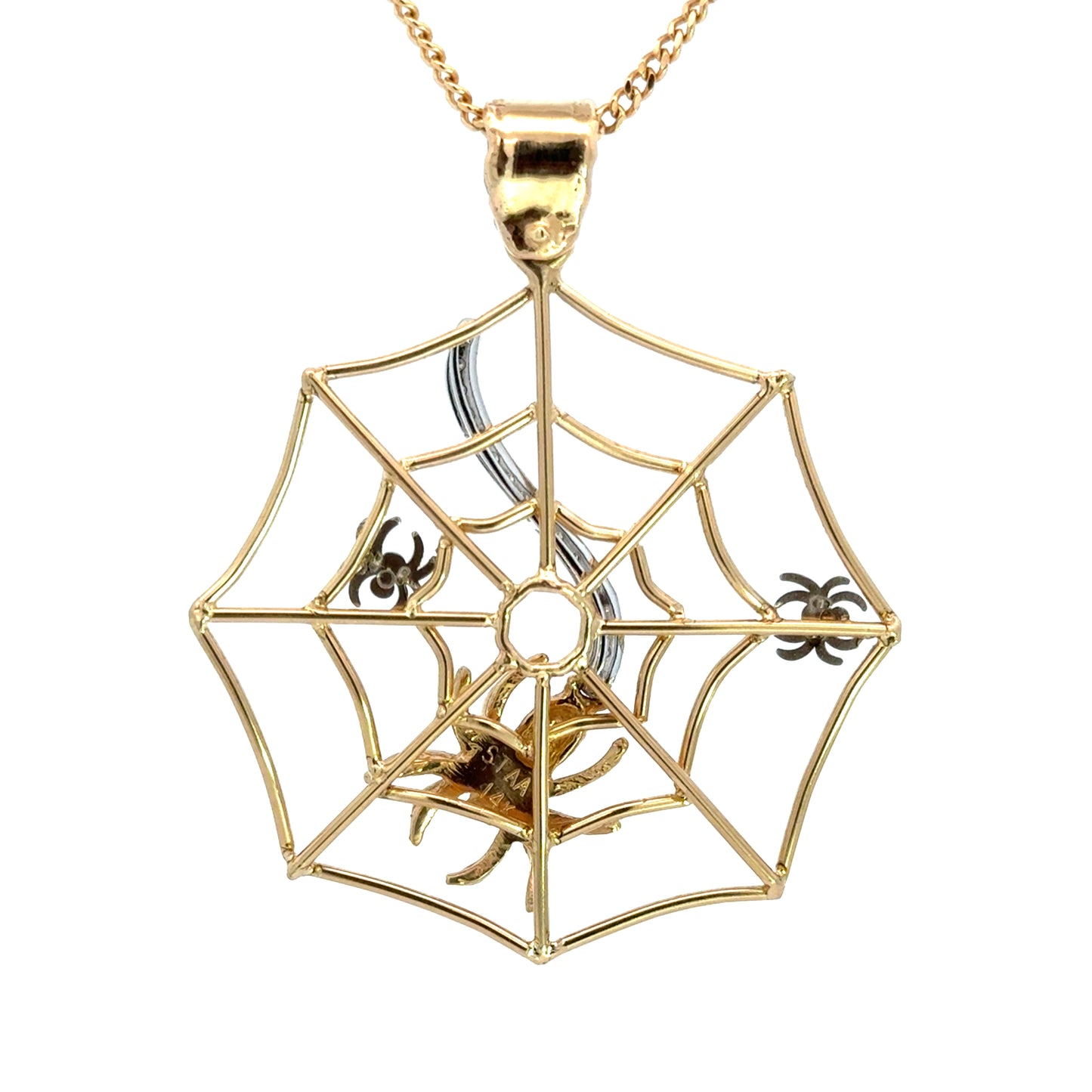 14K Yellow Gold Openwork Spider Web Pendant with Diamond Web