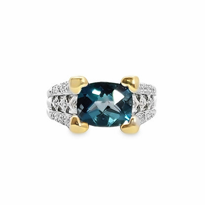 Estate 14K White Hidden Hearts Blue Topaz & Diamond Ring