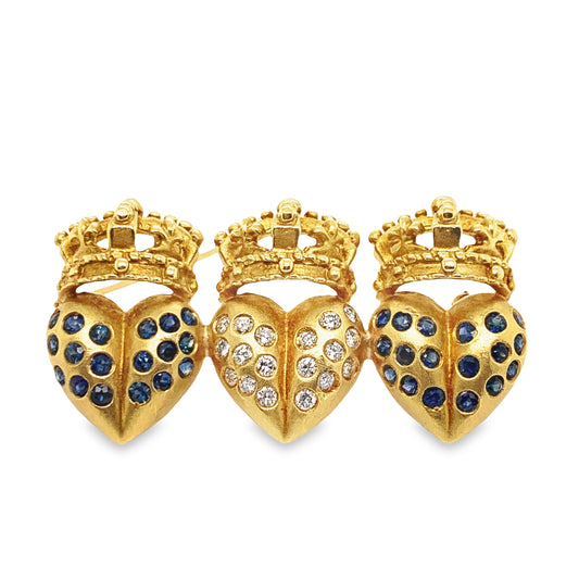Vintage 18K Diamond and Sapphire Crowned Hearts Brooch
