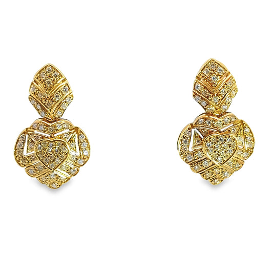 Vintage 18K Yellow Gold Heart Diamond Earrings