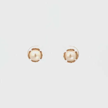 14K Yellow Gold Pearl Bud Floral Stud Earrings