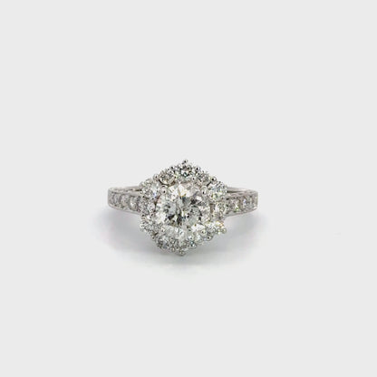 18K White Gold Round Diamond Cluster Ring with Diamond Shoulders
