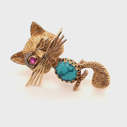 Whimsical Vintage Turquoise and Ruby Cat Brooch