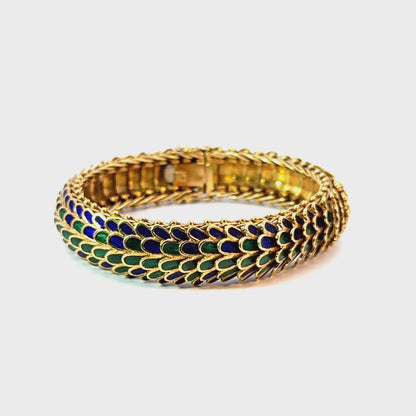 Mid-Century 18K Gold Peacock-Style Blue & Green Enamel Bracelet