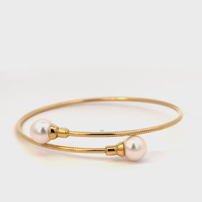 18K Yellow Gold Flexible Pearl Bypass Bangle