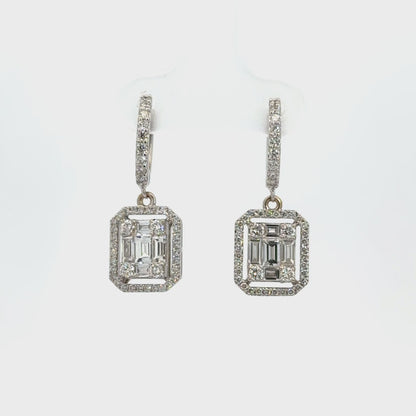 18K White Gold Diamond Dangle Earrings Geometric Halo Cluster