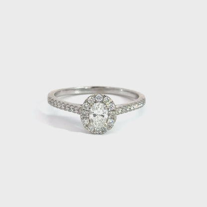 14K White Gold Lab-Grown Oval Diamond Halo Ring with Leaf Detail
