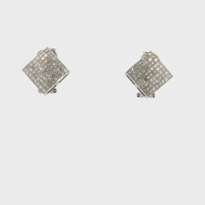 14K White Gold Diamond Square Cluster Earrings