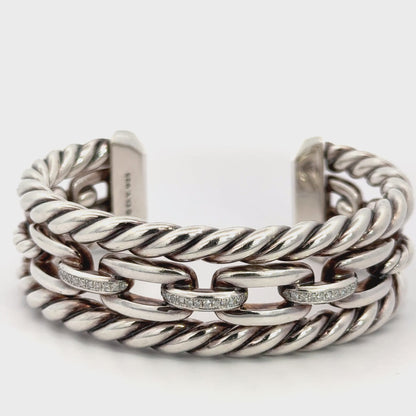 David Yurman Wellesley Link Collection Three-Row Sterling Silver Diamond Wide Cuff Bangle