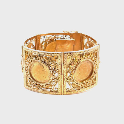 Antique 18K/21K Gold Filigree Coin Bracelet with Peruvian Coins
