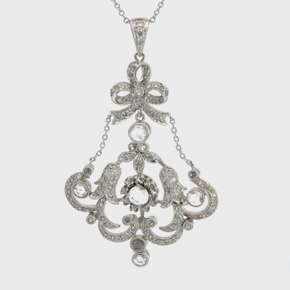 Platinum Rose Cut Diamond Drop Necklace, Ornate Filigree Design