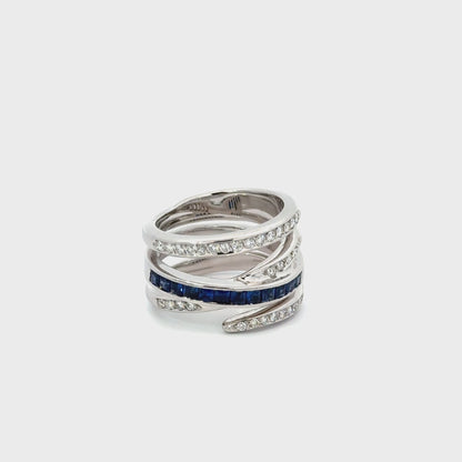 18K White Gold Diamond & Sapphire Wide Ribbon Ring