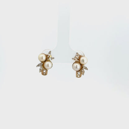 Yellow Gold Pearl & Cubic Zirconia Leaf Earrings