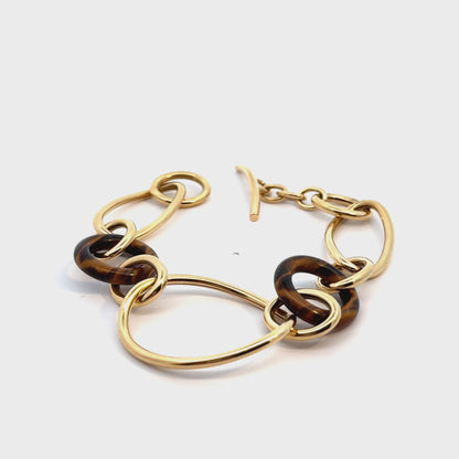 Vintage 18K Yellow Gold & Tiger’s Eye Mixed-Link Toggle Bracelet