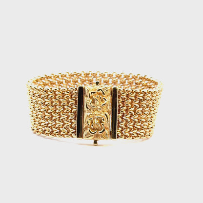 14K Yellow Gold Italian Mesh Bracelet with Carved Rose Clasp