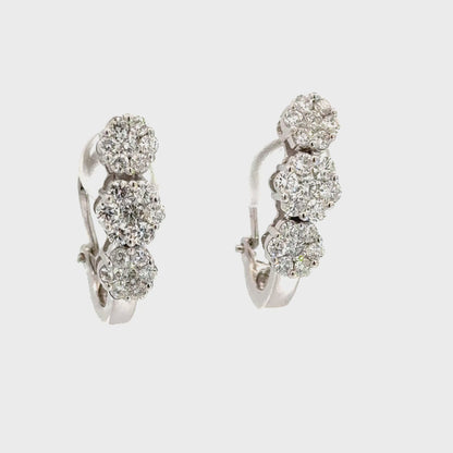 18K White Gold Three Diamond Cluster Earrings