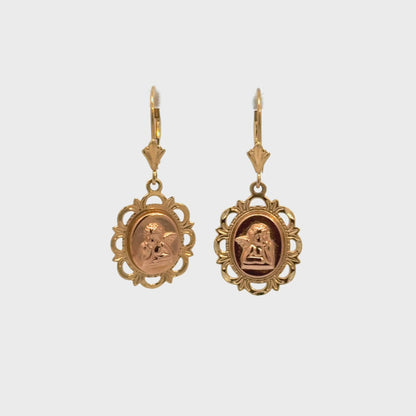 14K Yellow Gold Cherub Medallion Drop Earrings