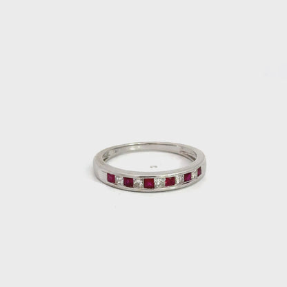 14K White Gold Alternating Ruby & Diamond Band